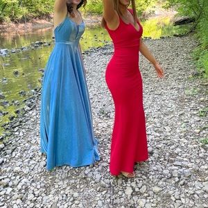 Long red form fitting prom dress
